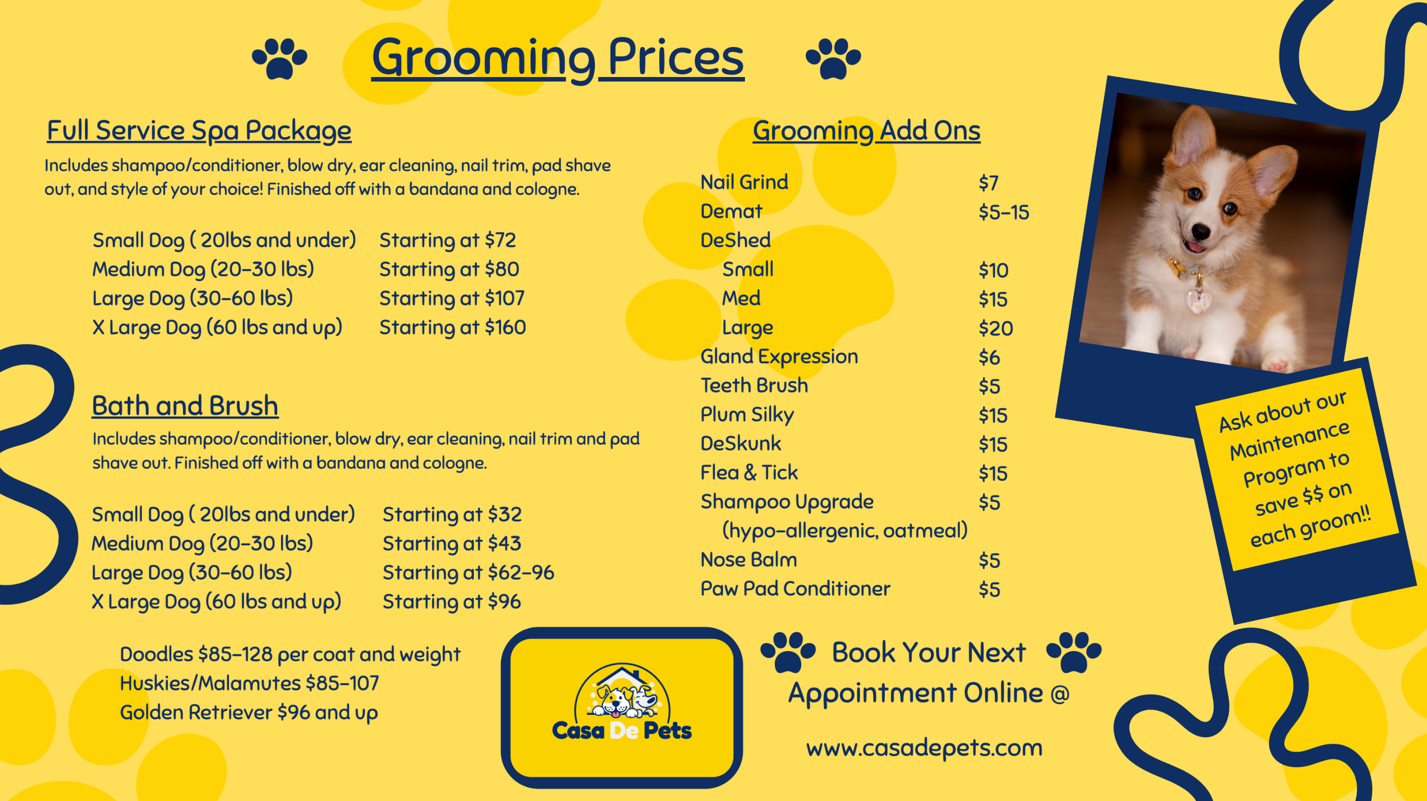Casa De PetsGrooming Prices